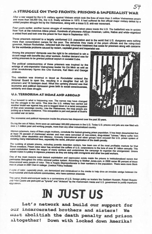 S A STRUGGLE ON TWO FRONTS: PRISONS & IMPERIALIST WAR B ————  S o 00 G e 3 By s 975 e b ok S A unied poopies ST l6d by the Vielamese, song weh & mass U.S. ant-w movement. L]  e .t s e of et skl i o U5, T il b it Yol ne s Allca prso i of A Ascan, st N an i s 3 ot and ook o e o s Gor s Sptomior 1971  0 o snd okl pession id s eepard over e gt 0y  1% o o At s e, st 0000 prcrr 5 h . Todoy L smcrs ks r o ot vt 1l o kg e, S e o ey  I kion of e oo ckug et et s, o b com of b st s s oV S e Ko 2 e o U s s o s s 1 o S lotaton v e vepes f b i o s S 1 e S kL oy T sy G S 2t o e  IN JUST US  Lat’s network and build our support for our incarcerated brothers and sisters! We wast abolitish the death penalty and prison altogether! Down with locked down Amerika! 